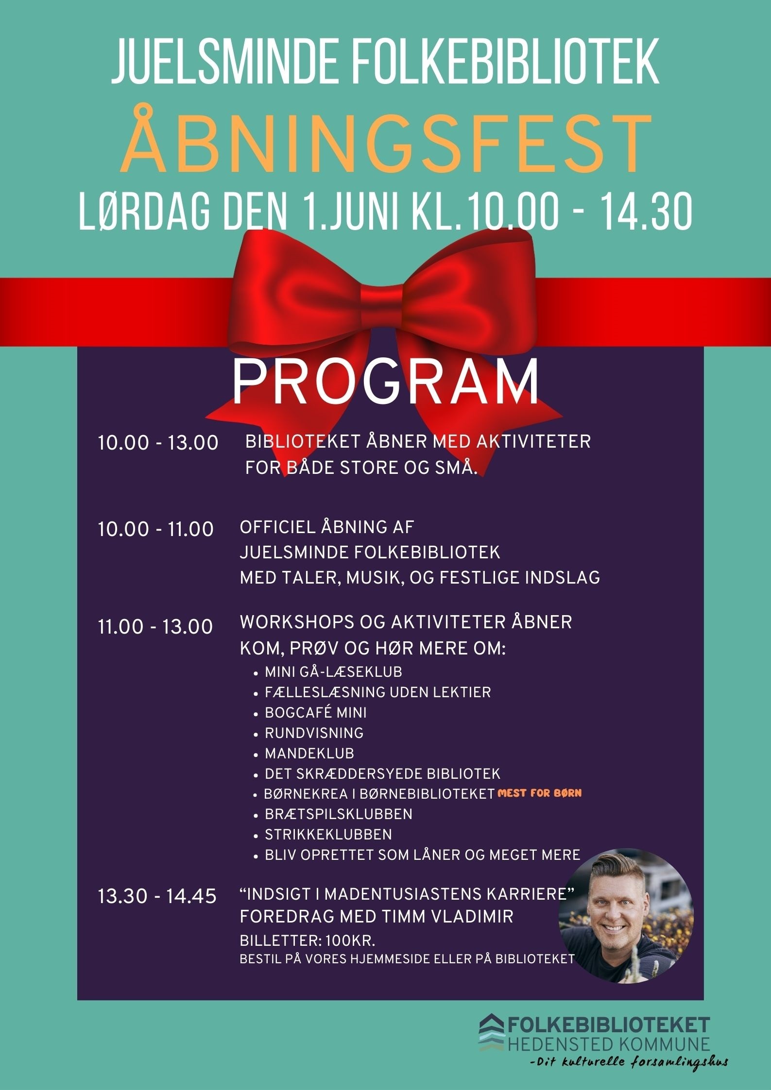Program for åbningsfest på Juelsminde Folkebibliotek