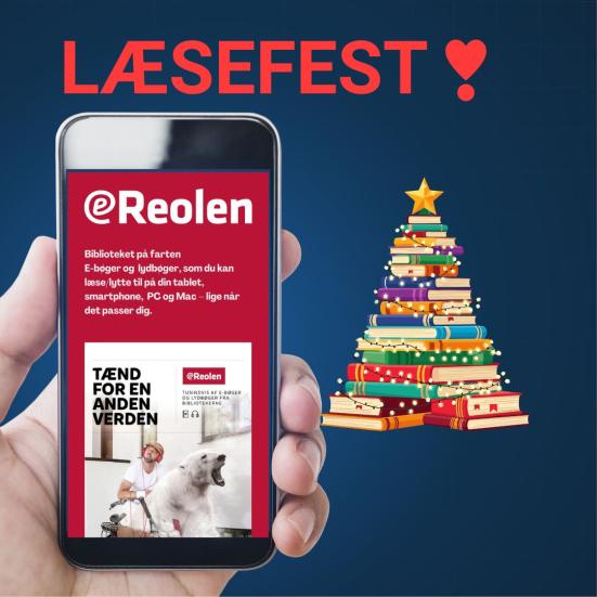 Mobiltelefon der viser eReolen samt et juletræ