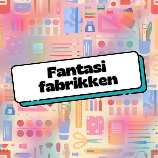 Logo for fantasi-fabrikken. Tekst på baggrund af dic. krea-redskaber. 