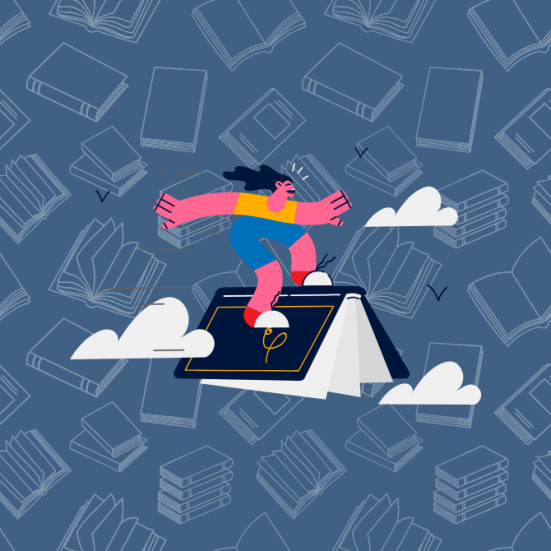 Illustration af kvinde der surfer på en bog