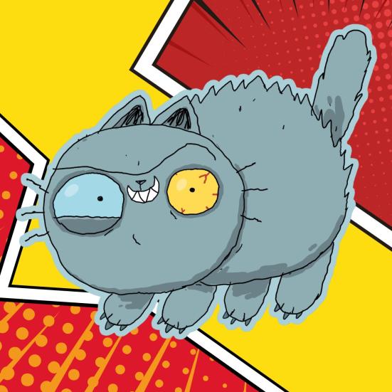 Illustration af den fjollet grå kat Møgmis med forskelligfarvede øjne.