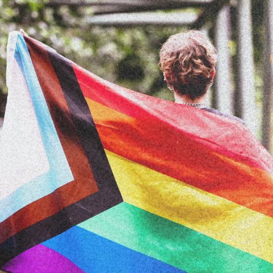En person set bagfra har et progress pride-flag draperet over skuldrene.