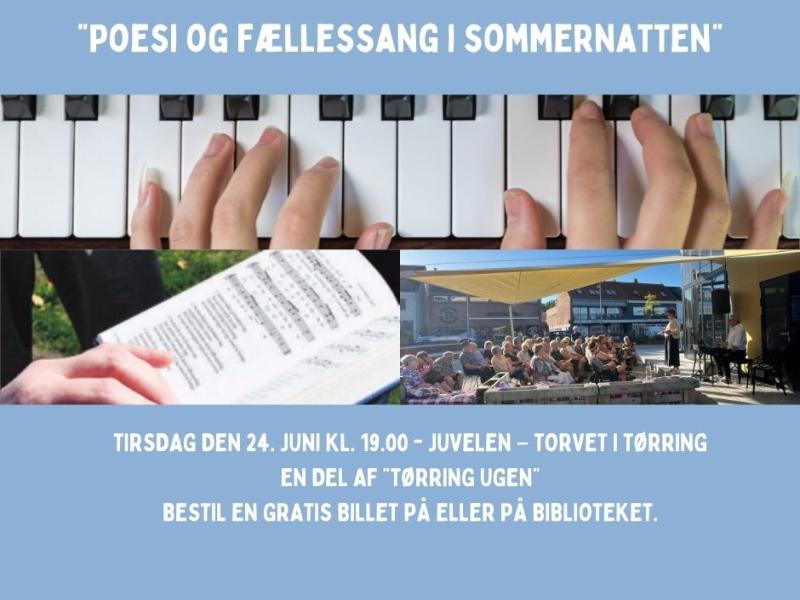 Hænder på tangenter, sangbog og billede fra tidligere arrangement