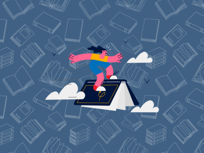 Illustration af kvinde der surfer på en bog