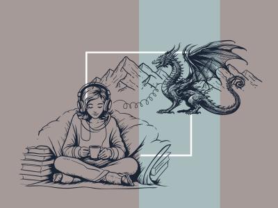 pige, der lytter til lydbøger. drage i baggrunden