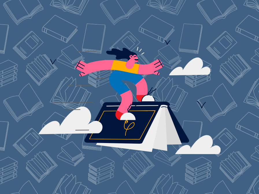 Illustration af kvinde der surfer på en bog